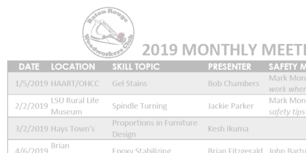 Complete Schedule of 2019 Monthly Meetings