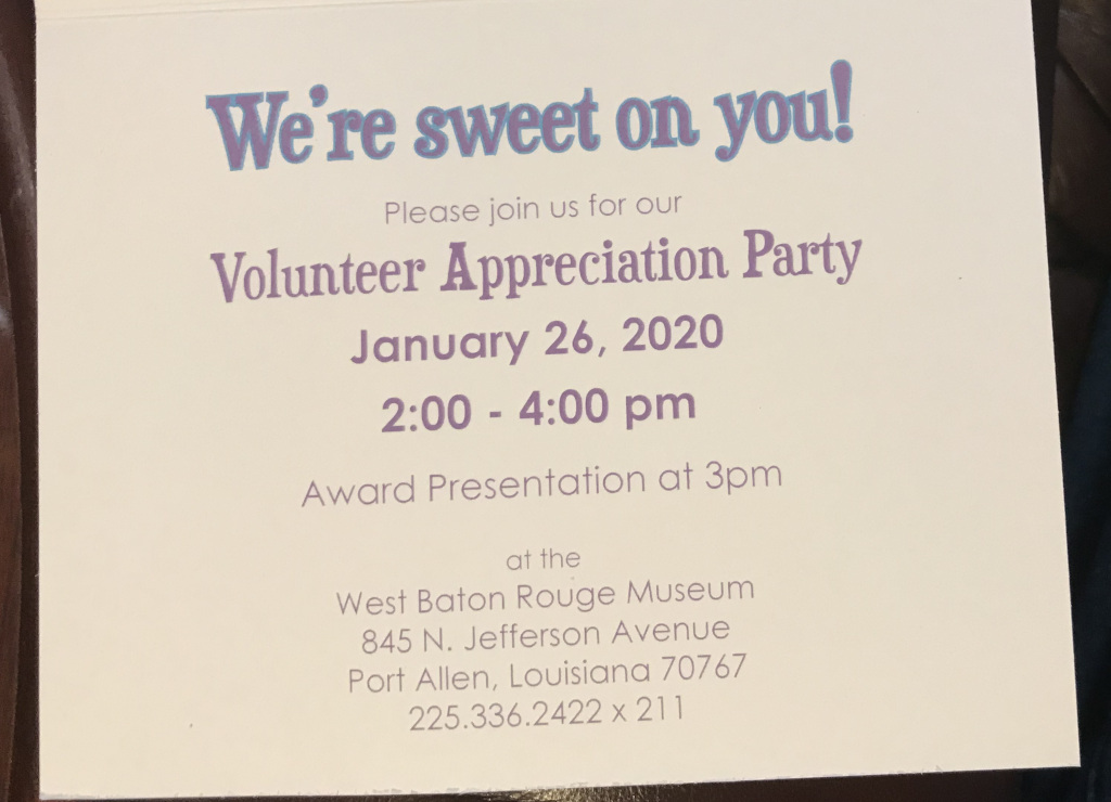 Invitation to West Baton Rouge Museum Volunteer Appreciation Day – Jan 26, 2020